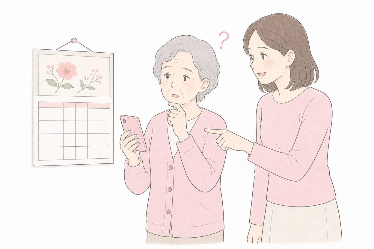 カレンダーの前で予定が思い出せず戸惑う70代女性と、寄り添う娘のイラスト