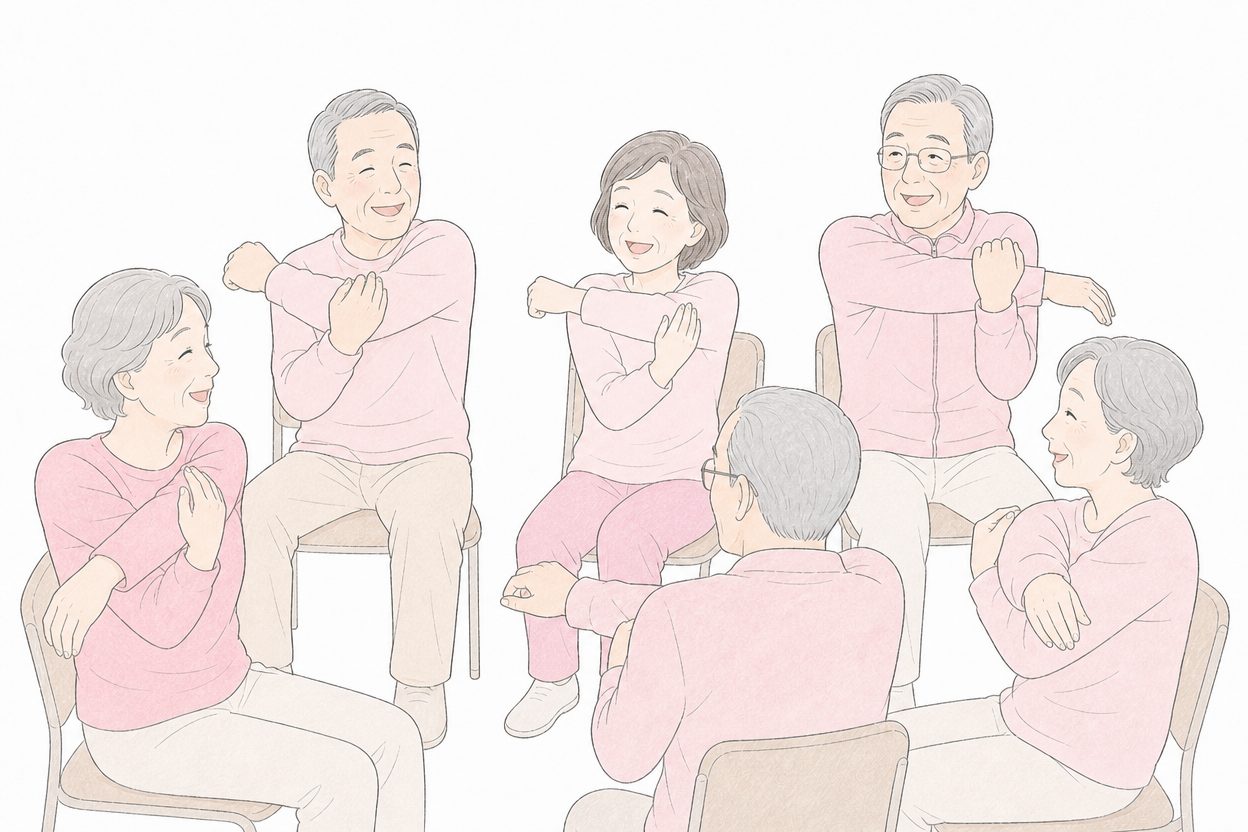 地域の集まりで体操や会話を楽しむ高齢の方々のイラスト