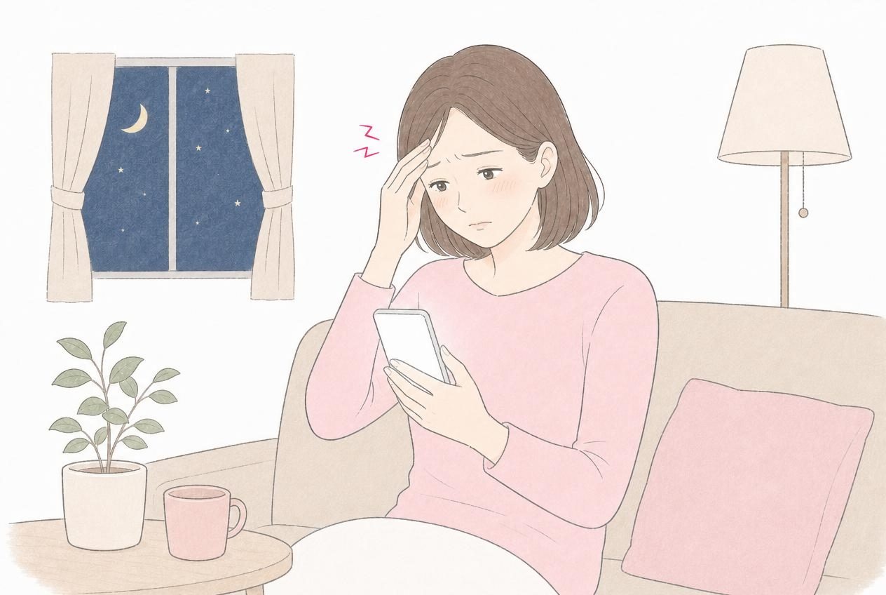 頭痛が続き、不安な気持ちでスマートフォンで調べる40代女性のイラスト