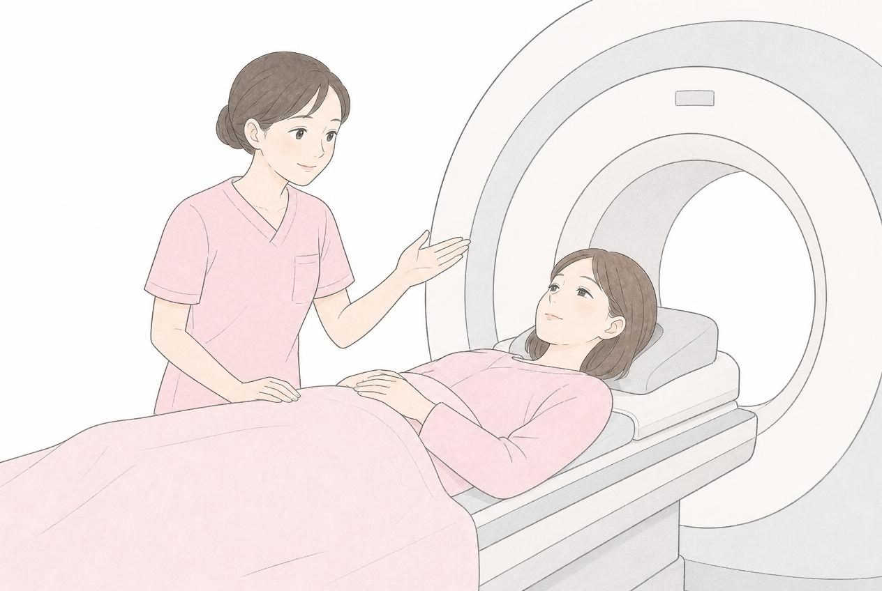 MRI検査を受ける40代女性と、声をかける技師のイラスト