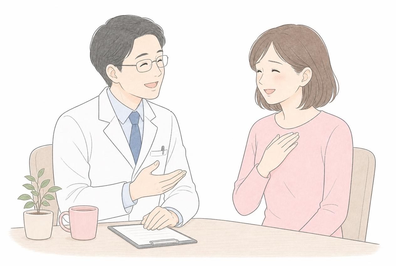 医師の説明を聞いて安心した表情を見せる40代女性のイラスト