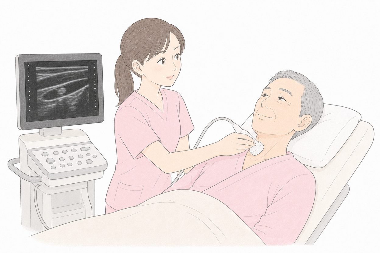 首の血管の超音波検査を受ける60代男性のイラスト