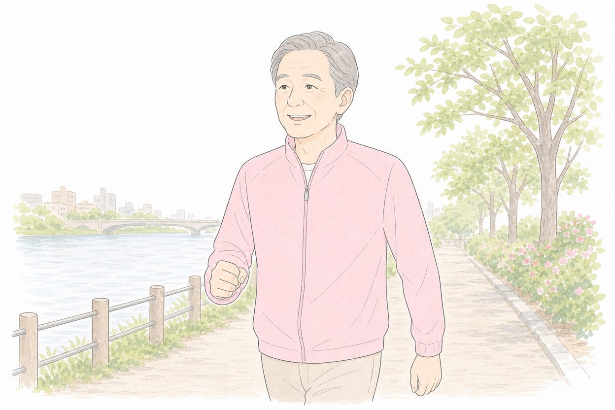 川沿いを朝ウォーキングする60代男性のイラスト