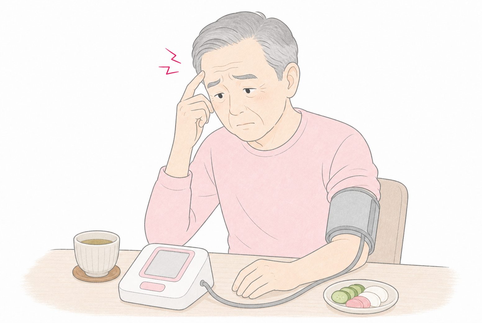 自宅で血圧を測り、高い数値を心配する60代男性のイラスト