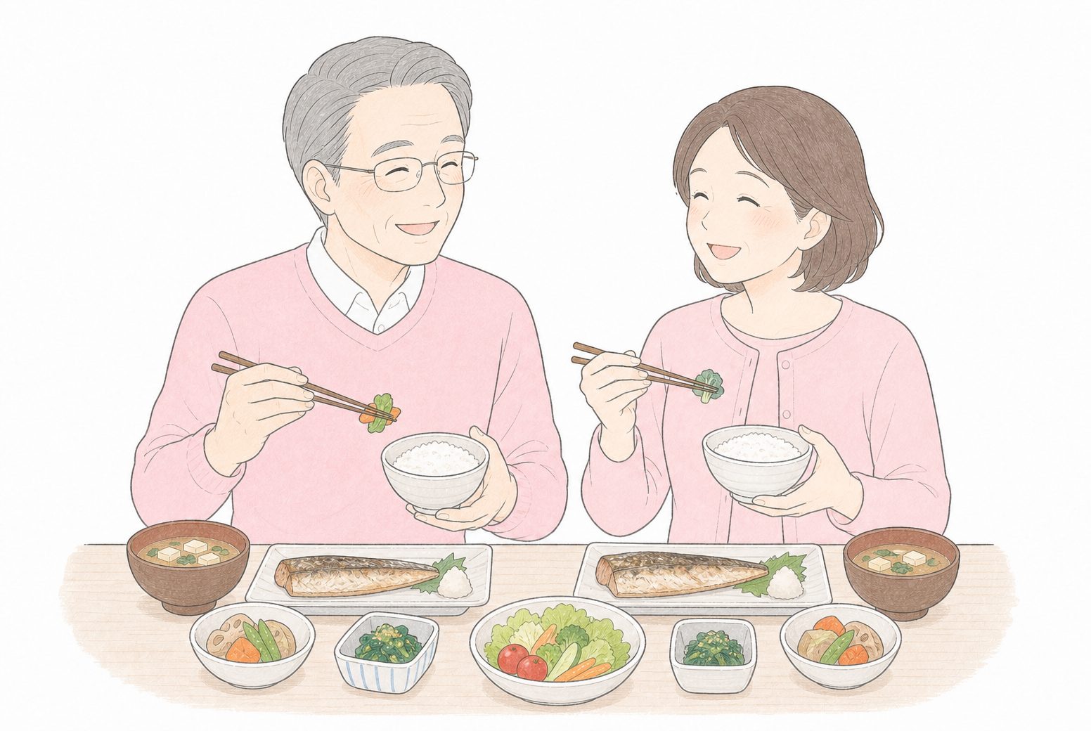 夫婦で減塩の和食をとるイラスト