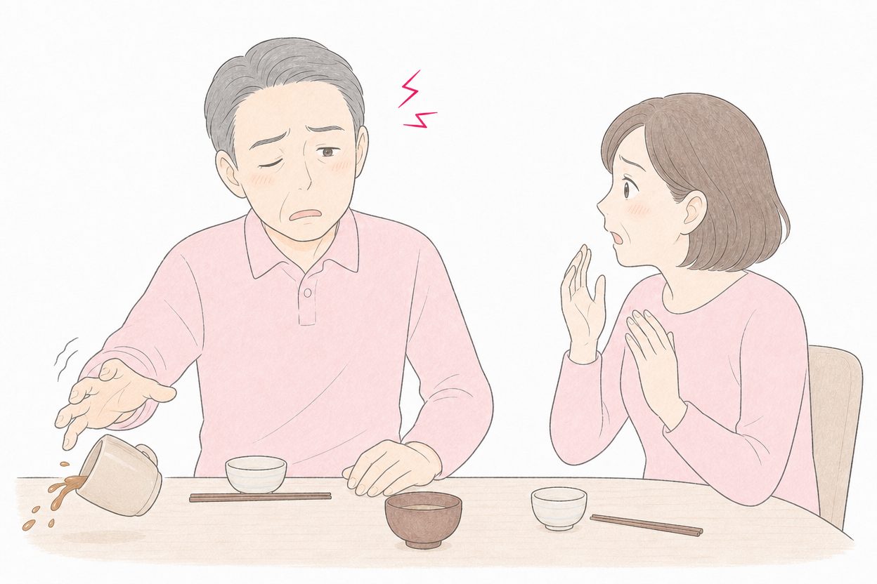 食事中に突然片手に力が入らずお茶をこぼす男性と、驚く妻のイラスト