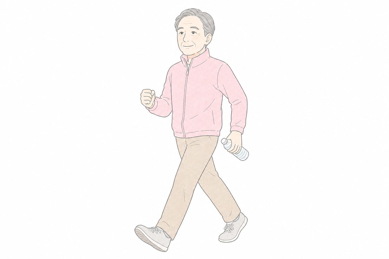 朝のウォーキングで水分をとりながら歩く60代男性のイラスト