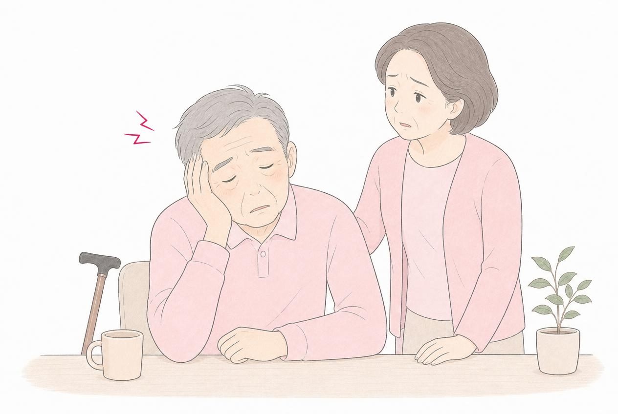 頭が重くぼんやりする70代男性と、心配そうに見守る妻のイラスト