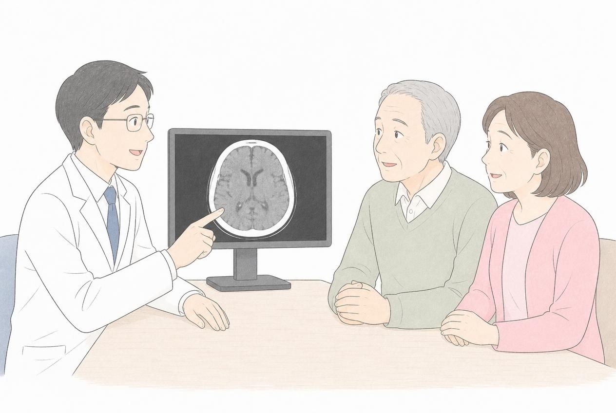医師が頭部CT画像を見せながら70代男性と妻に説明している診察室のイラスト