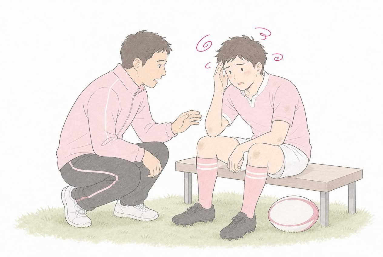 試合中に頭を打ち、ぼんやりしてベンチに座るラグビー選手と、様子を確かめるコーチのイラスト