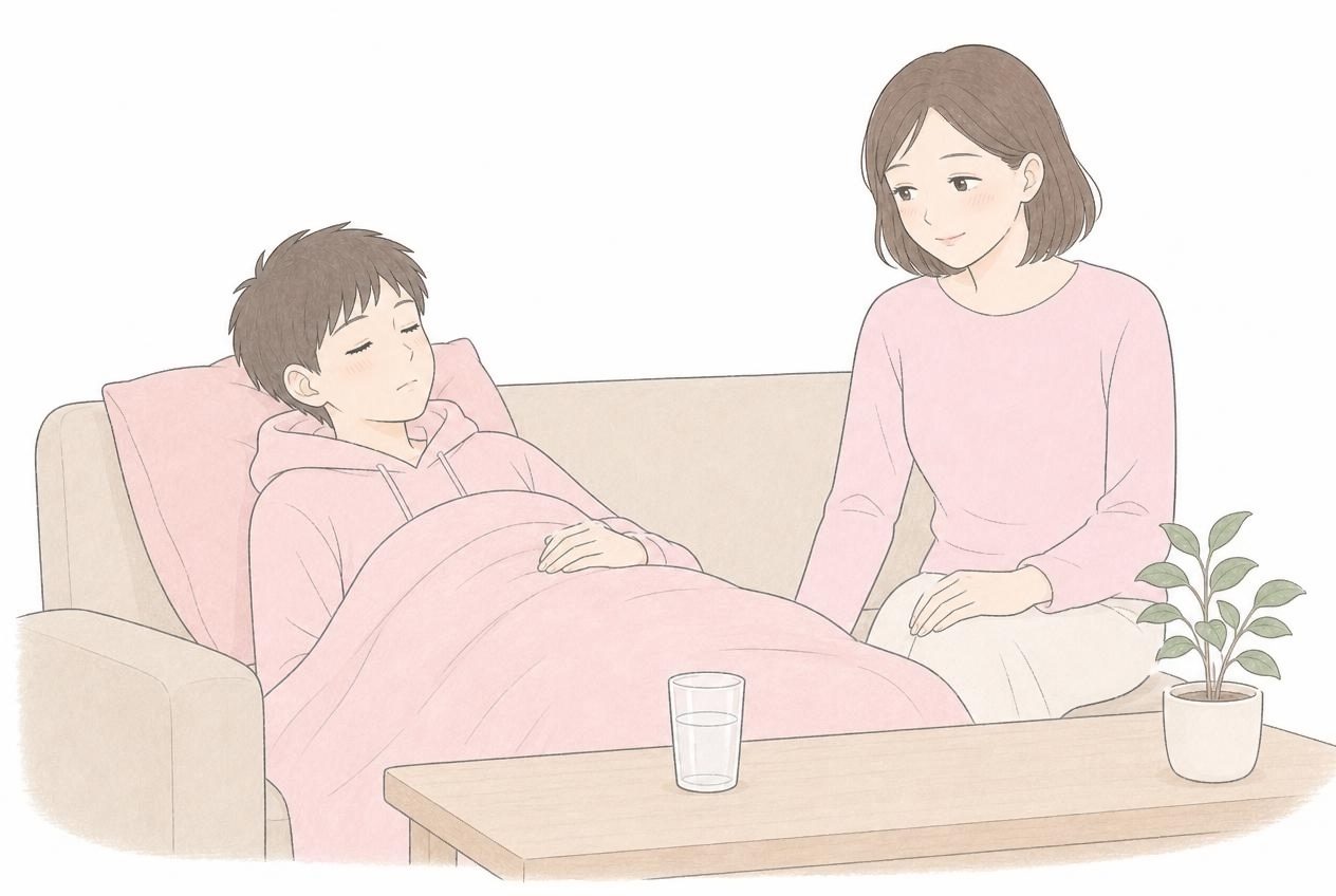 頭を打った日の夜、ソファで休む息子をそばで見守る母親のイラスト