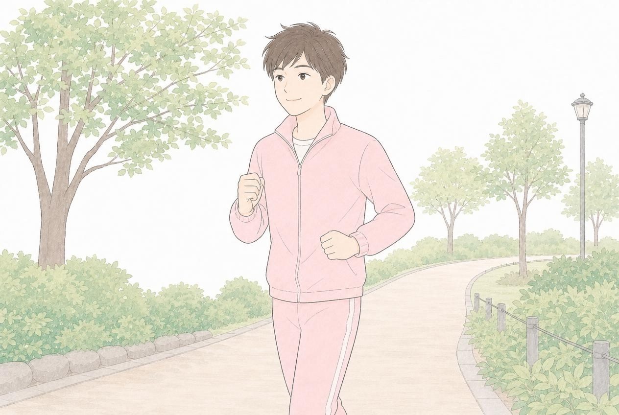 回復後、軽いジョギングから少しずつ運動を再開する少年のイラスト