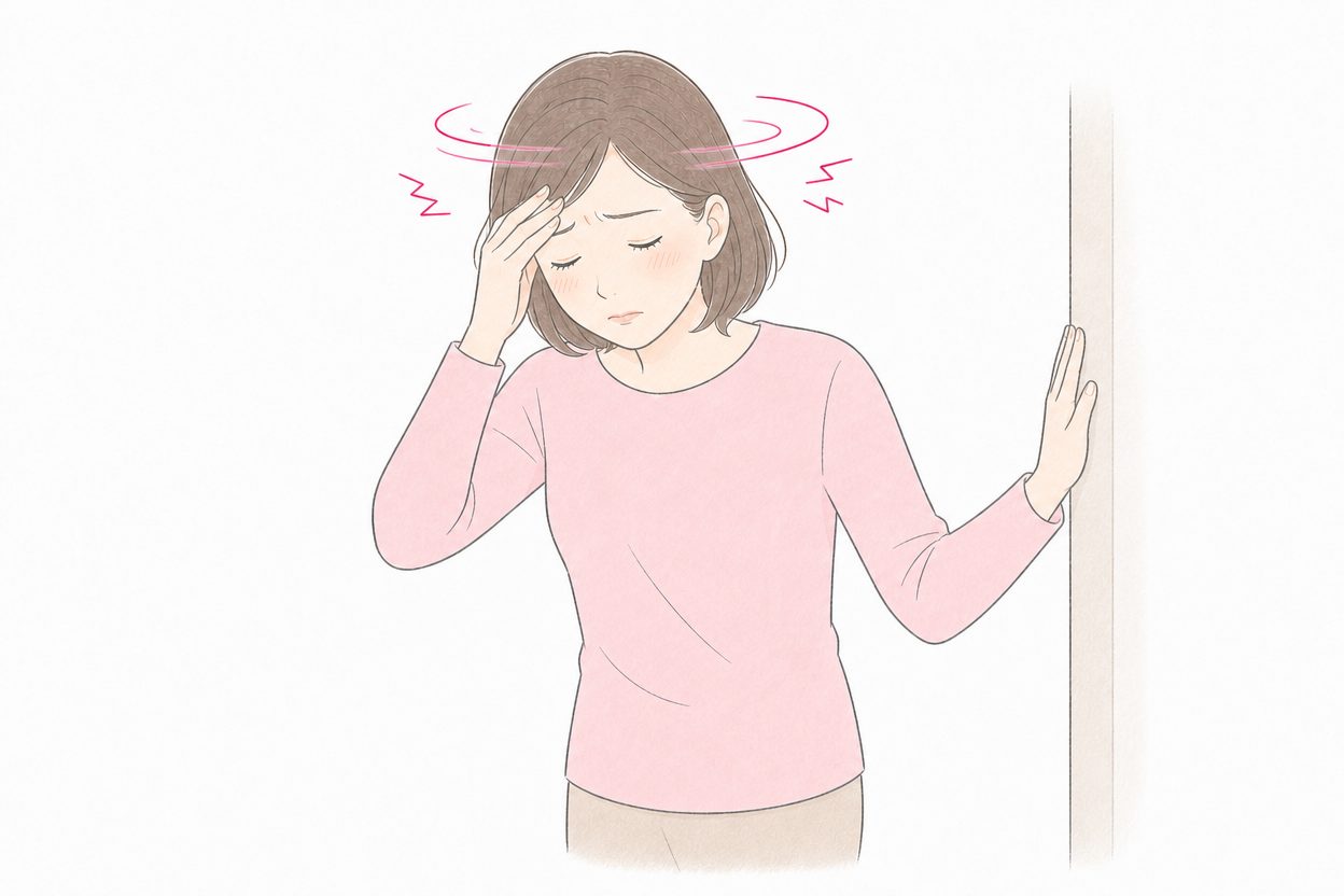めまいでふらつき、壁に手をついて支える女性のイラスト