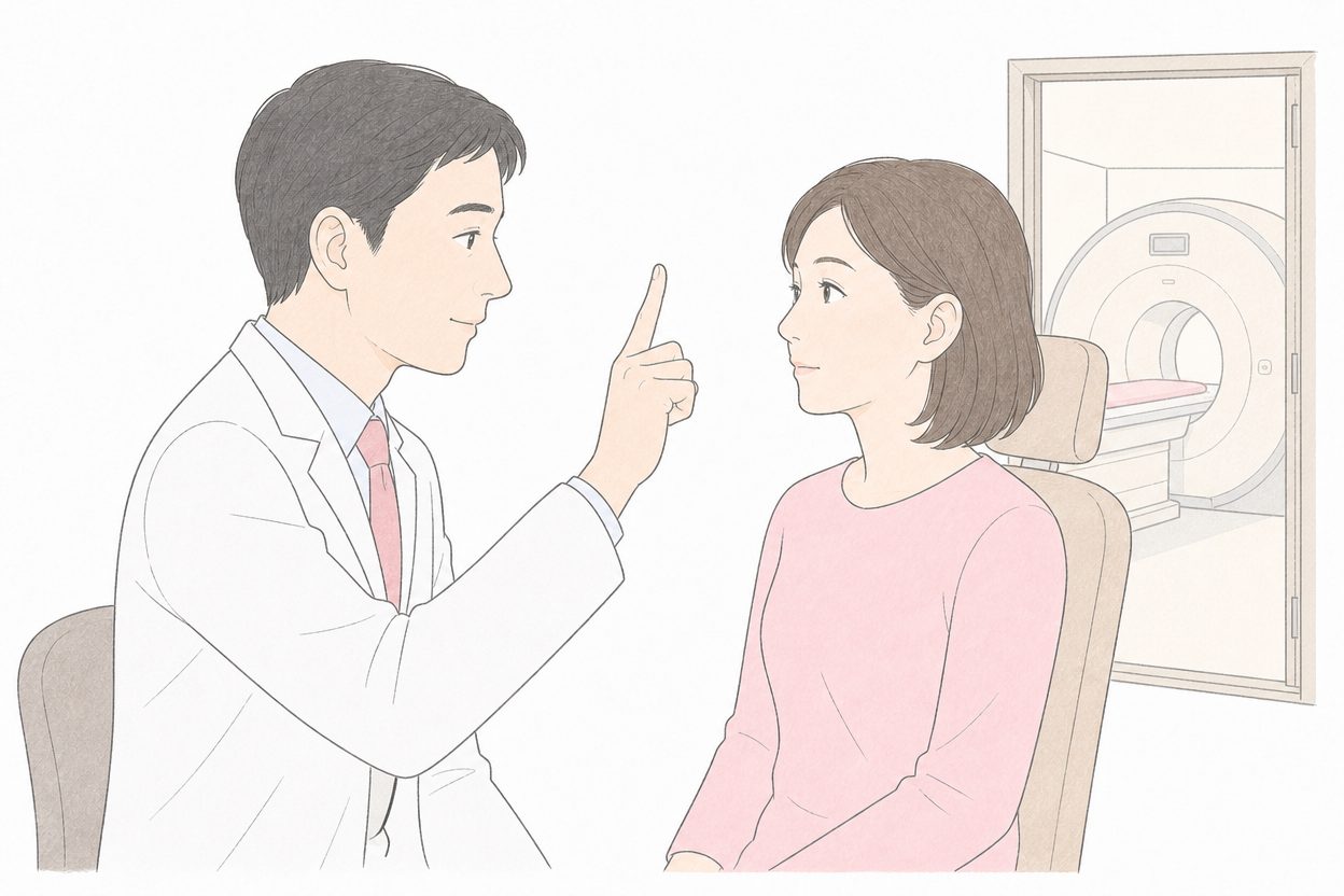医師が目の動きを確かめる診察と、奥にMRI装置がある検査室のイラスト