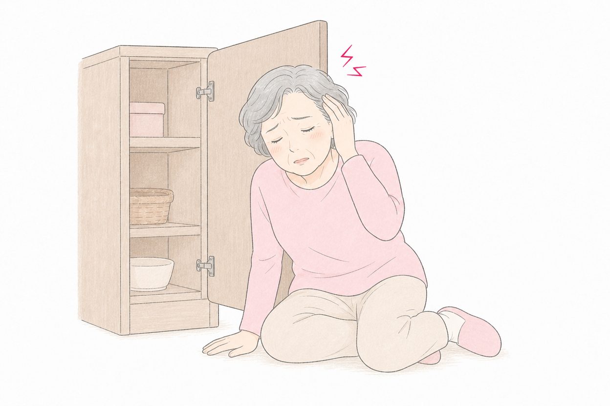 開いた戸棚の扉に頭をぶつけて押さえる70代女性のイラスト