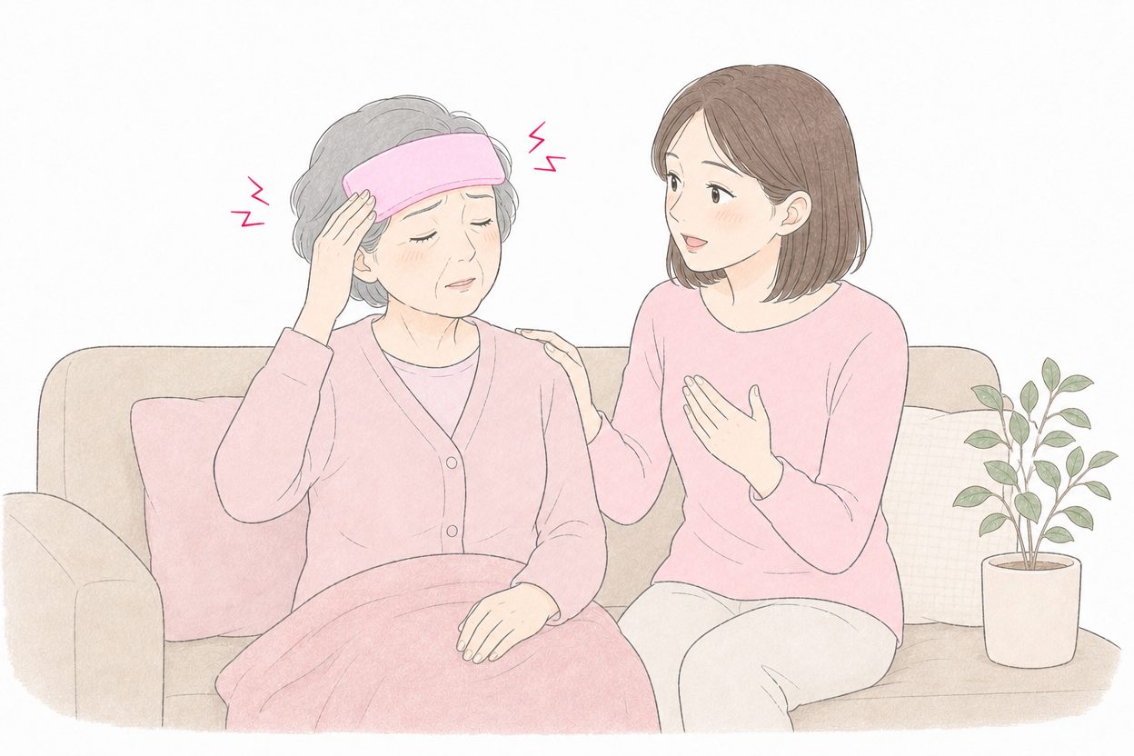 頭を冷やして休む母親のそばで、様子を見守る娘のイラスト