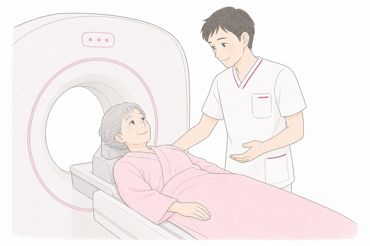 頭部CT検査を受ける70代女性のイラスト
