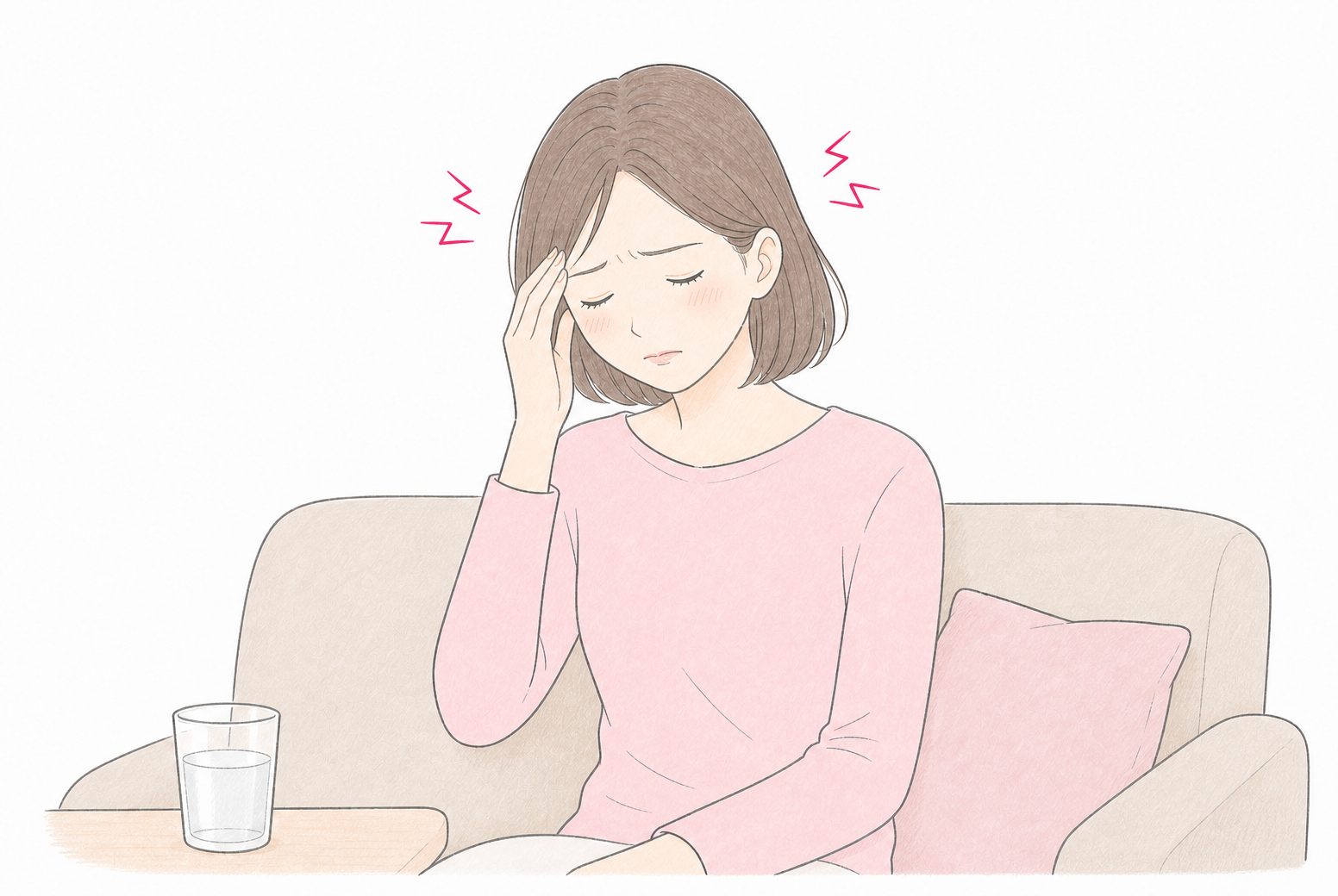 頭痛がつらく、ソファでこめかみを押さえる女性のイラスト