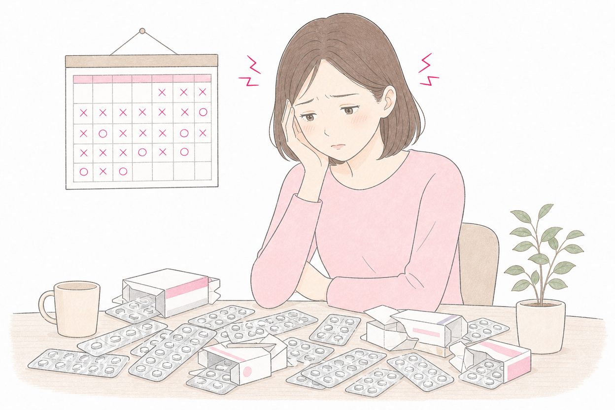 テーブルに並んだたくさんの痛み止めの空き箱を見て不安そうな女性のイラスト