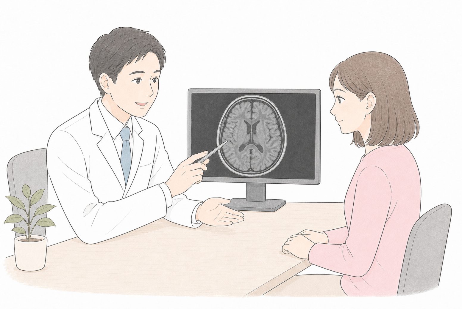医師が脳のMRI画像を見せながら頭痛の診断について説明している診察室のイラスト