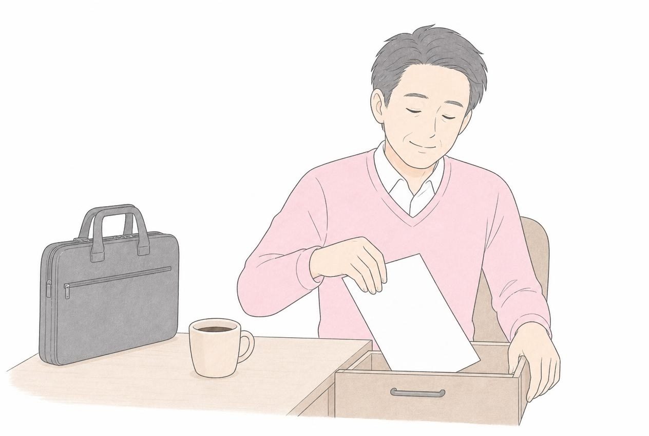 健診結果の用紙を、気にせず引き出しにしまおうとする50代男性のイラスト