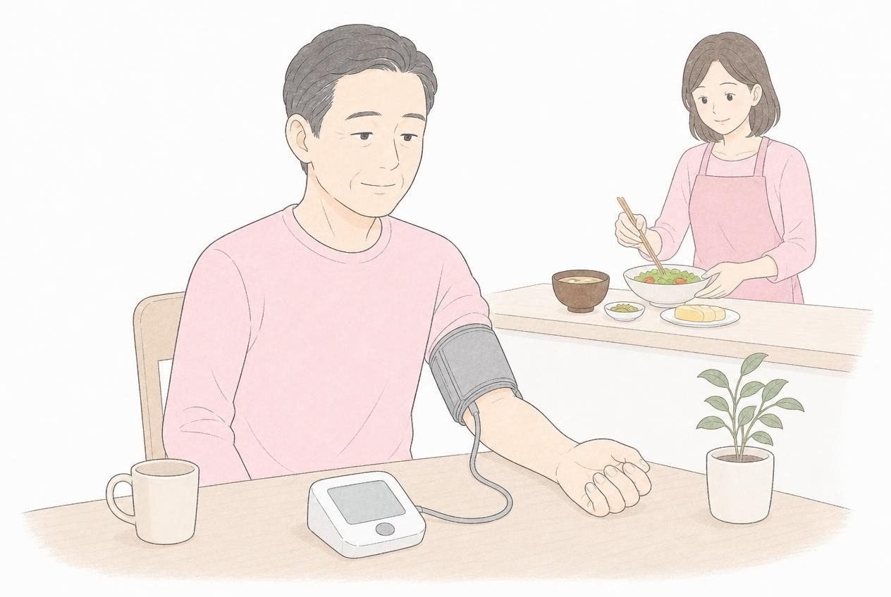 朝、いすに座って落ち着いて家庭血圧を測る50代男性のイラスト