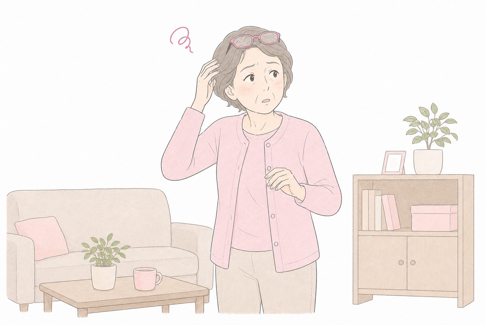 頭の上にのせた眼鏡を探して首をかしげる60代女性のイラスト