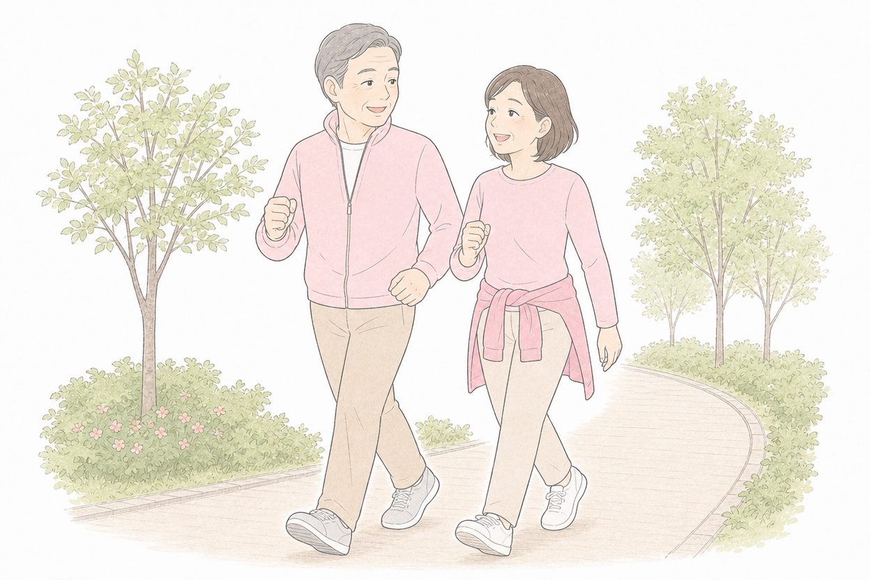 公園を夫婦で会話しながらウォーキングするイラスト