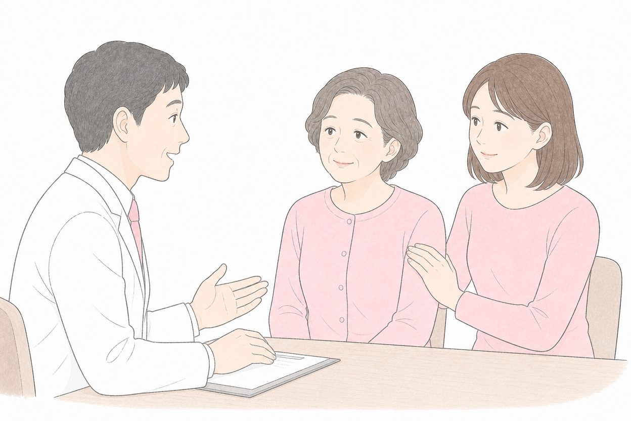 娘に付き添われてもの忘れ外来を受診する60代女性のイラスト