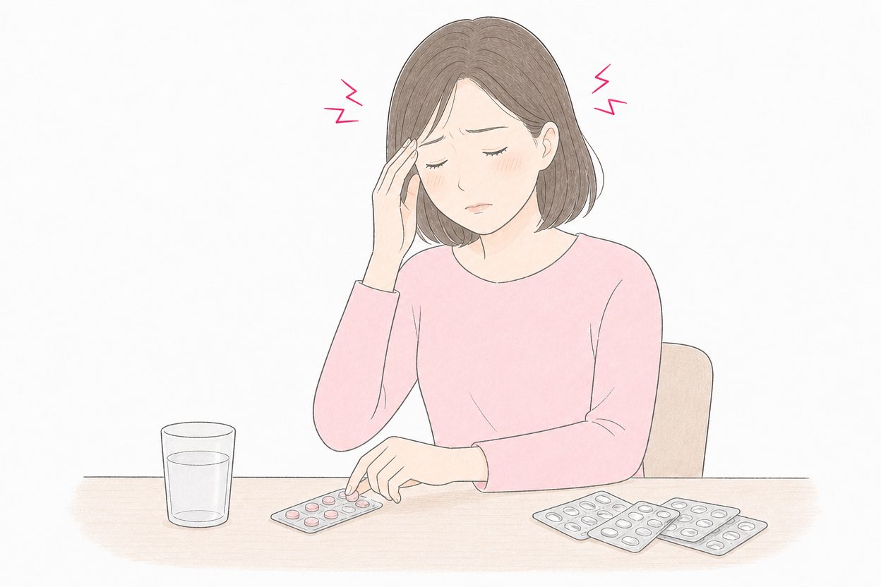 頭痛のたびに痛み止めに手を伸ばす女性のイラスト