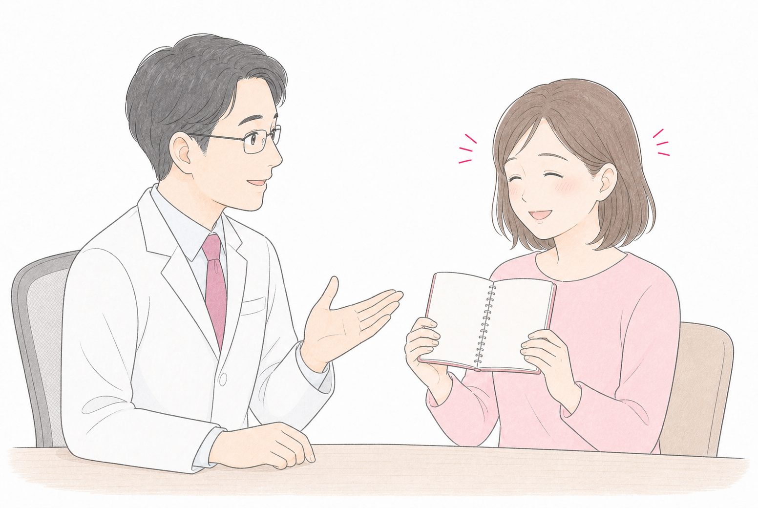 頭痛ダイアリーを見ながら医師と治療を相談する女性のイラスト