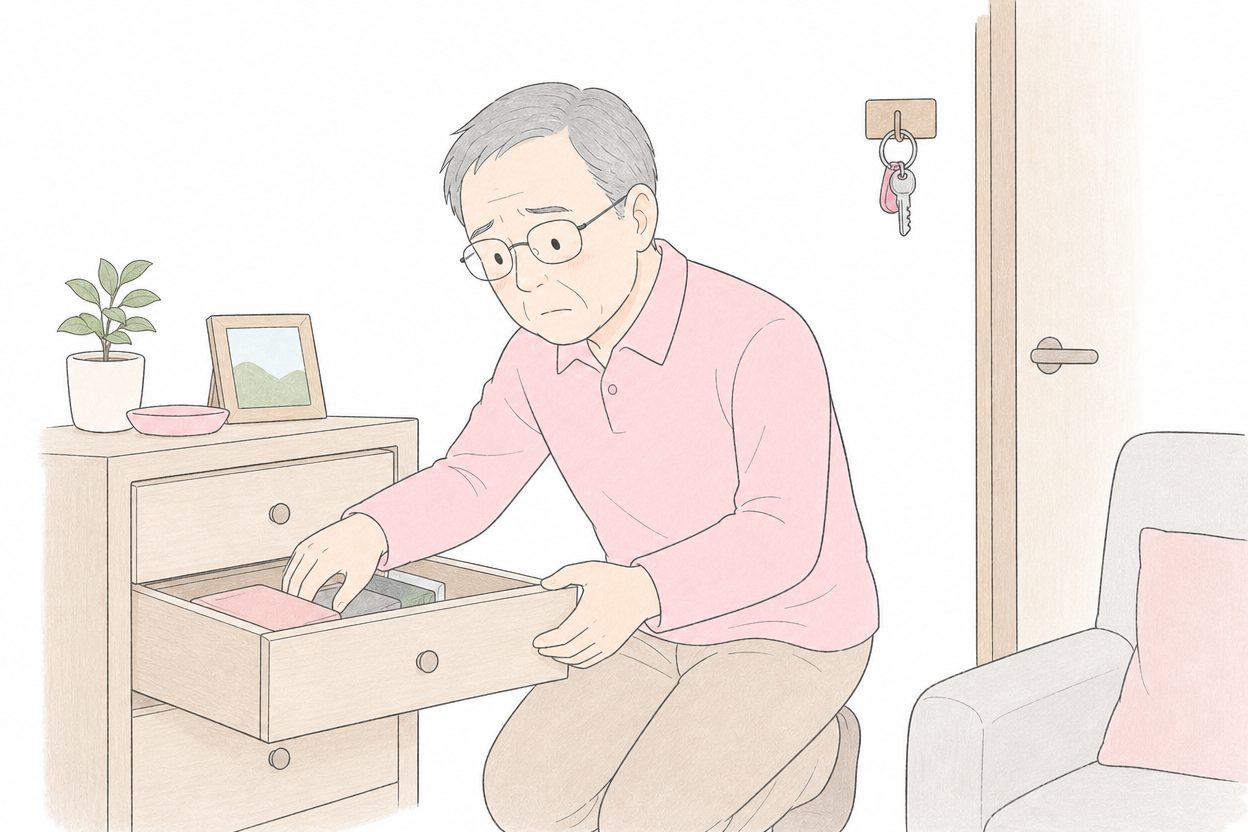 鍵が見つからず引き出しを探す70代男性のイラスト