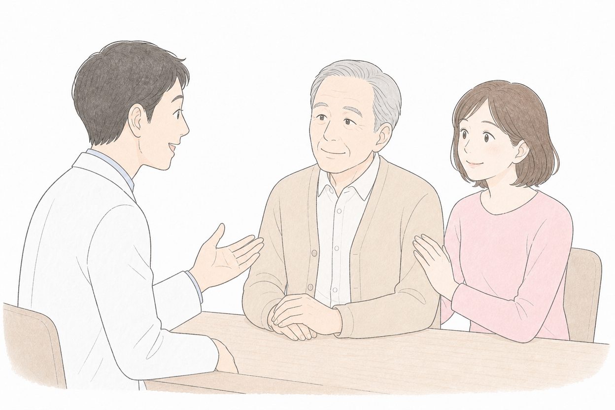 妻に付き添われて医師に相談する70代男性のイラスト
