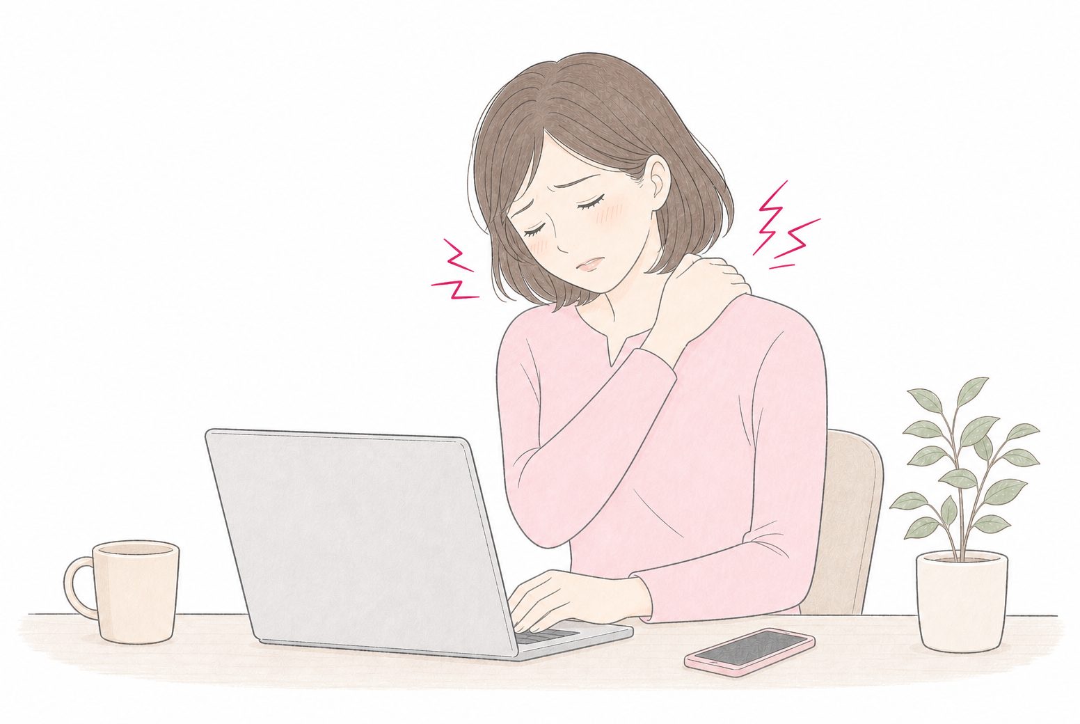 デスクワーク中に首から肩のこりをもむ女性のイラスト