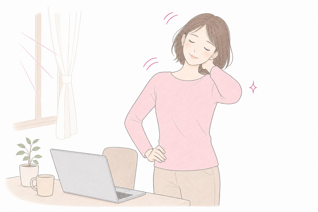 デスクのそばで肩を回して首や肩をほぐす女性のイラスト