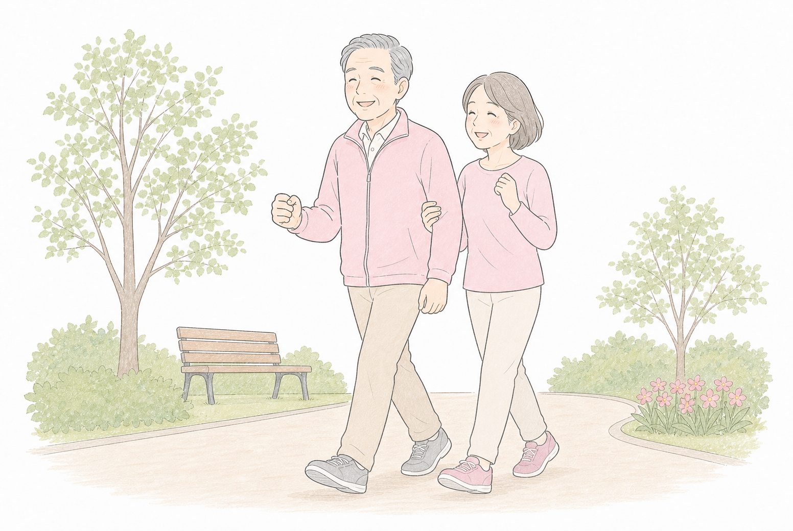 治療後、妻と公園を元気に歩く70代男性のイラスト