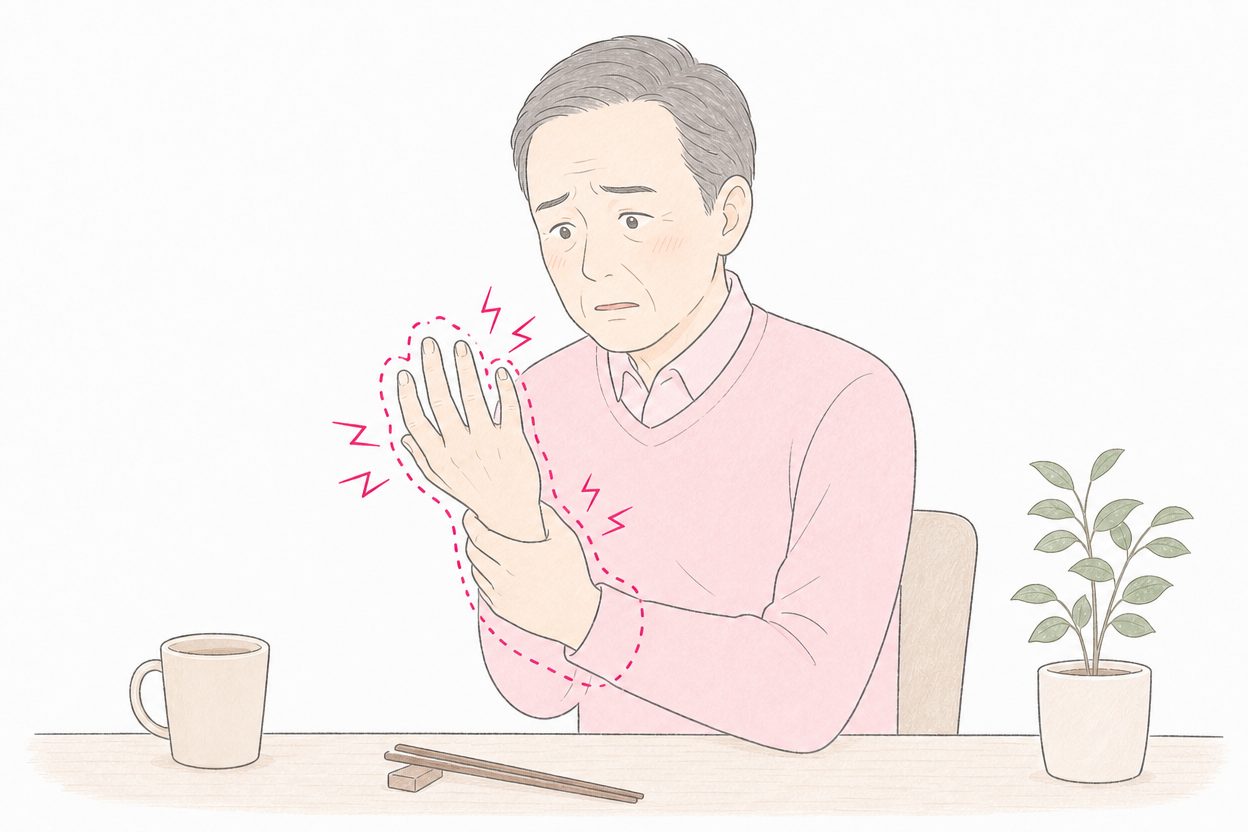 片手のしびれで箸を落とし、手を見つめる60代男性のイラスト