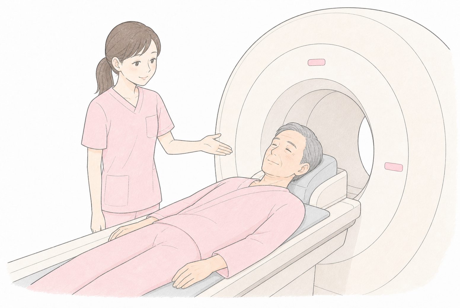 MRI検査を受ける60代男性と、声をかける技師のイラスト