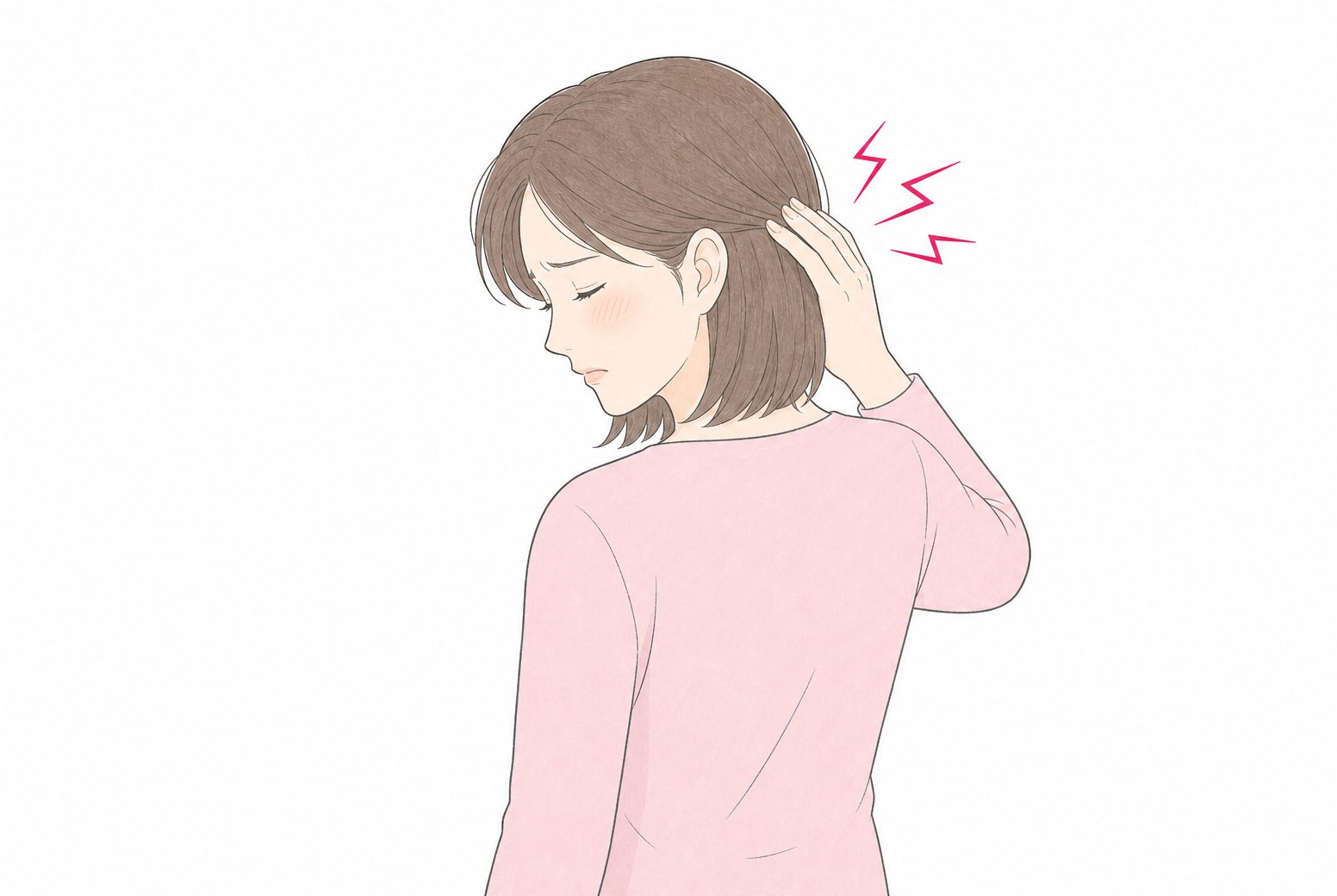 後頭部にピリッと走る痛みに手を当てる女性のイラスト