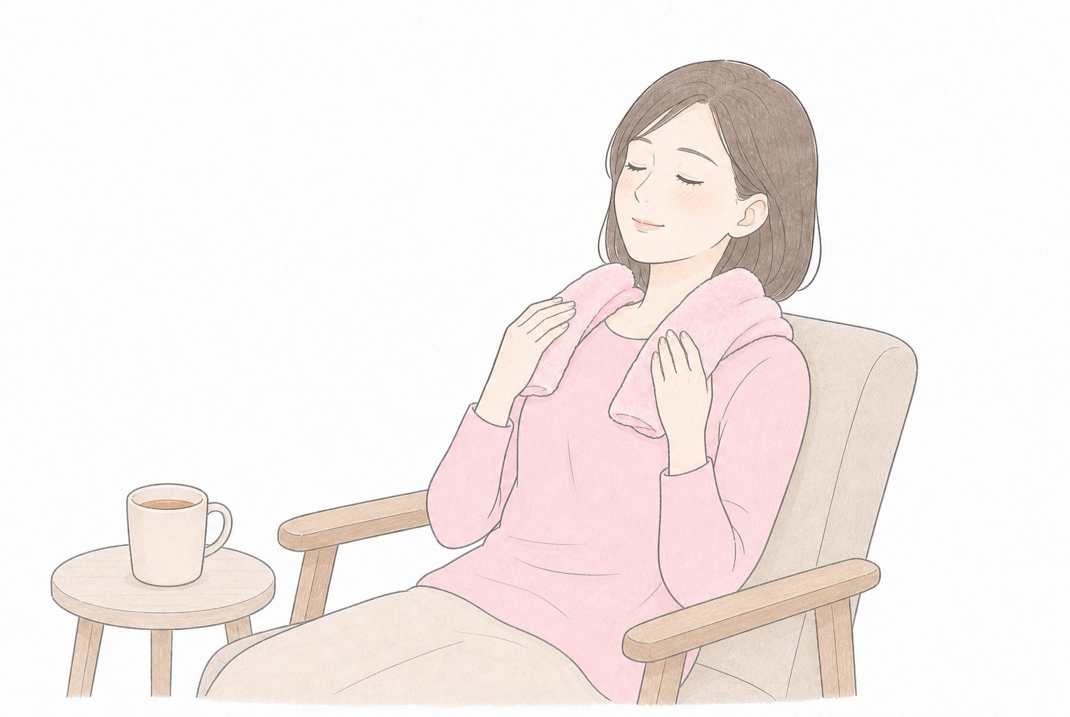 首の後ろを蒸しタオルで温めてリラックスする女性のイラスト