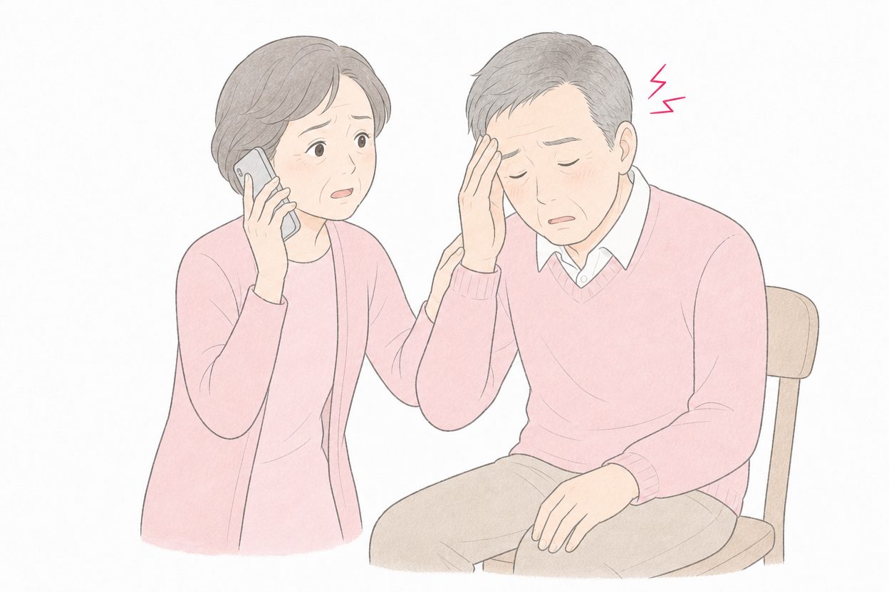 様子がおかしい夫を支えながら救急車を呼ぶ妻のイラスト