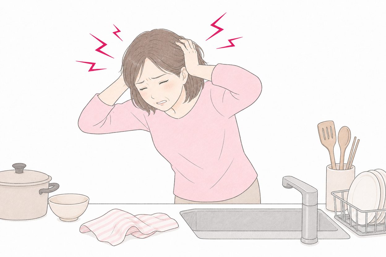 突然の激しい頭痛に襲われ、後頭部を押さえてうずくまる女性のイラスト