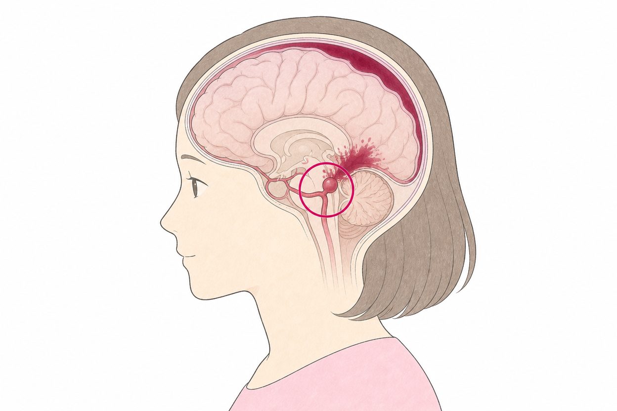 脳の表面をおおう膜の下に、動脈瘤の破裂で出血が広がるくも膜下出血の図解