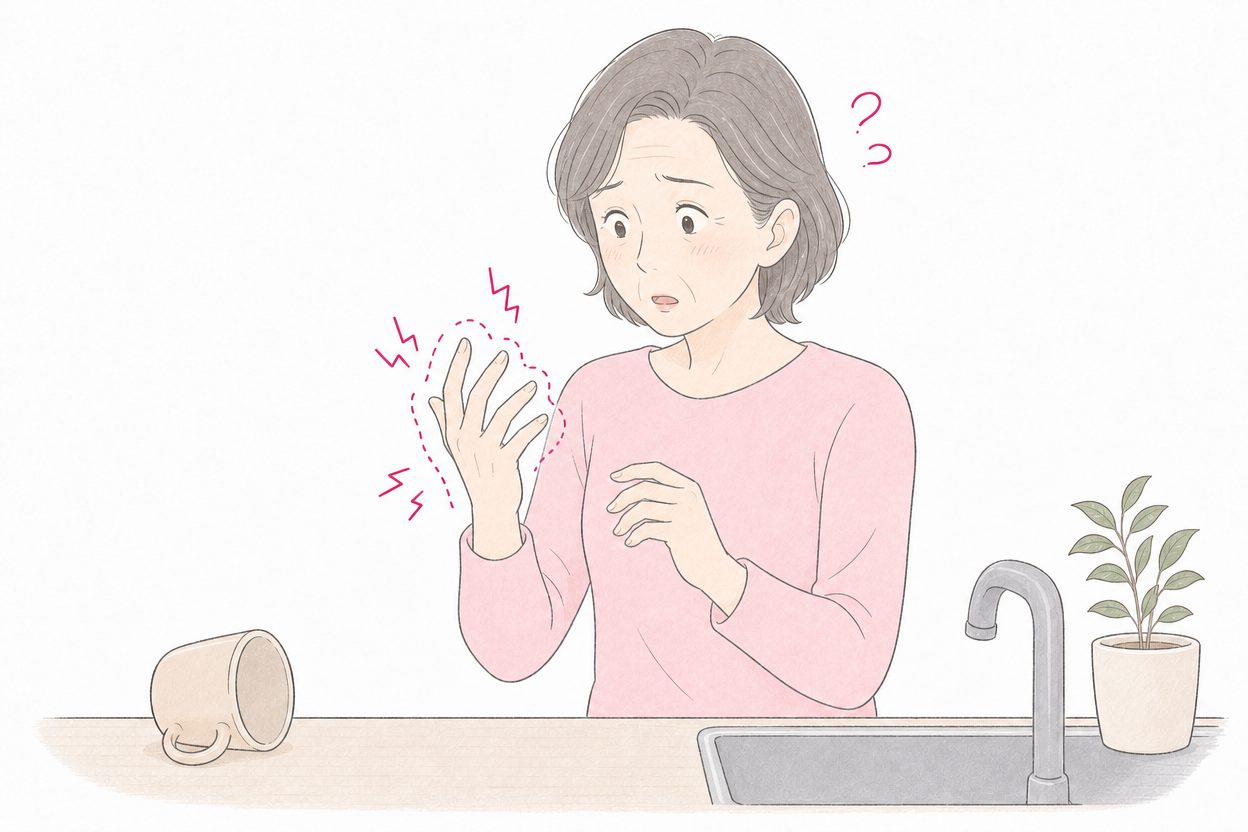 一時的に手の力が抜けてカップを落とし、手を見つめる60代女性のイラスト