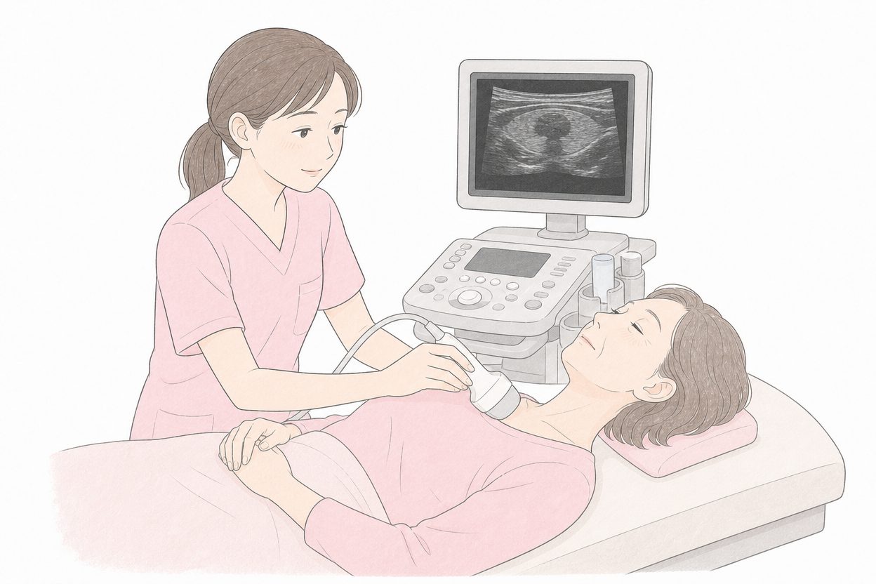 首の血管の超音波検査を受ける60代女性のイラスト