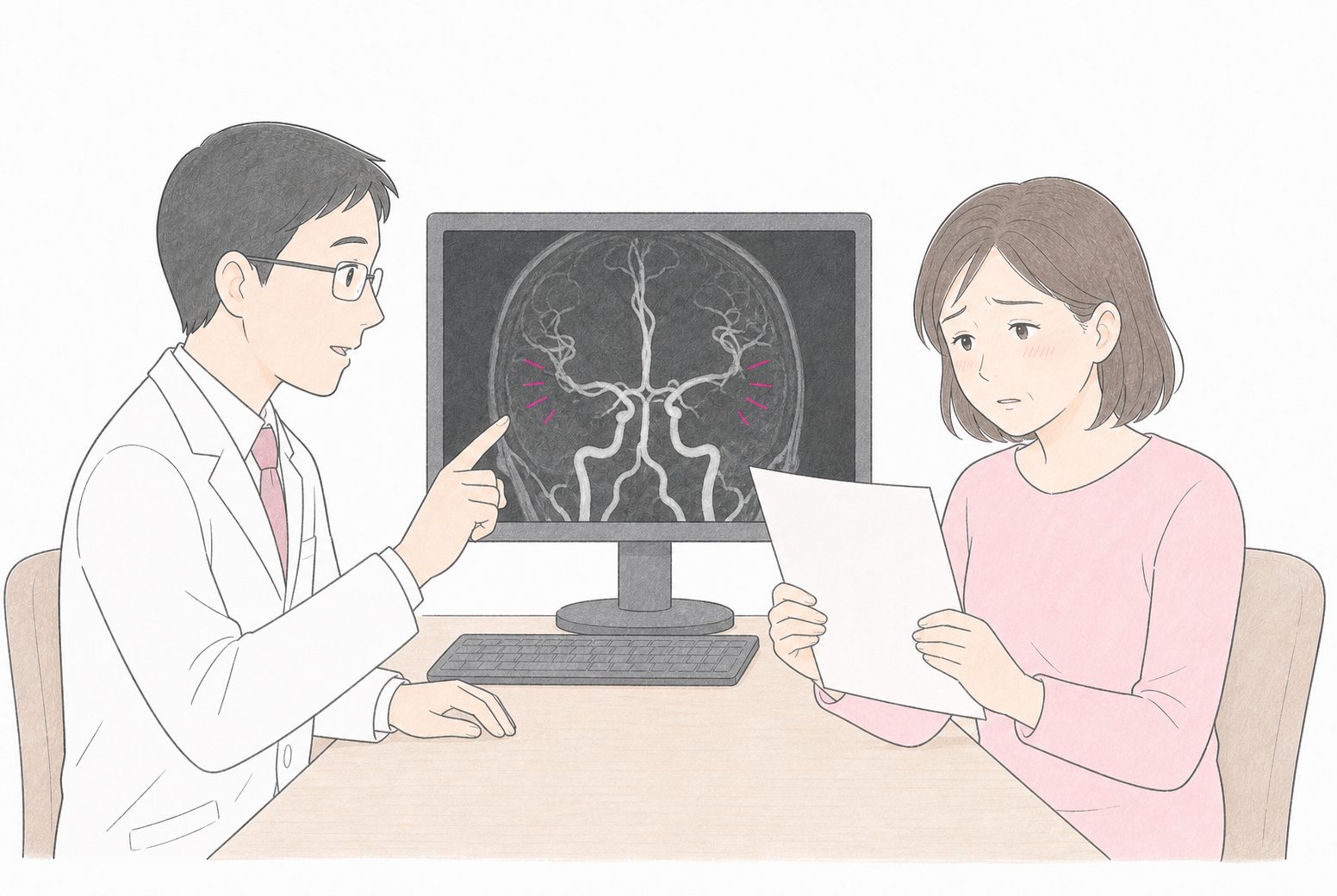 脳ドックの結果を受け取り、少し不安そうに医師の説明を聞く女性のイラスト