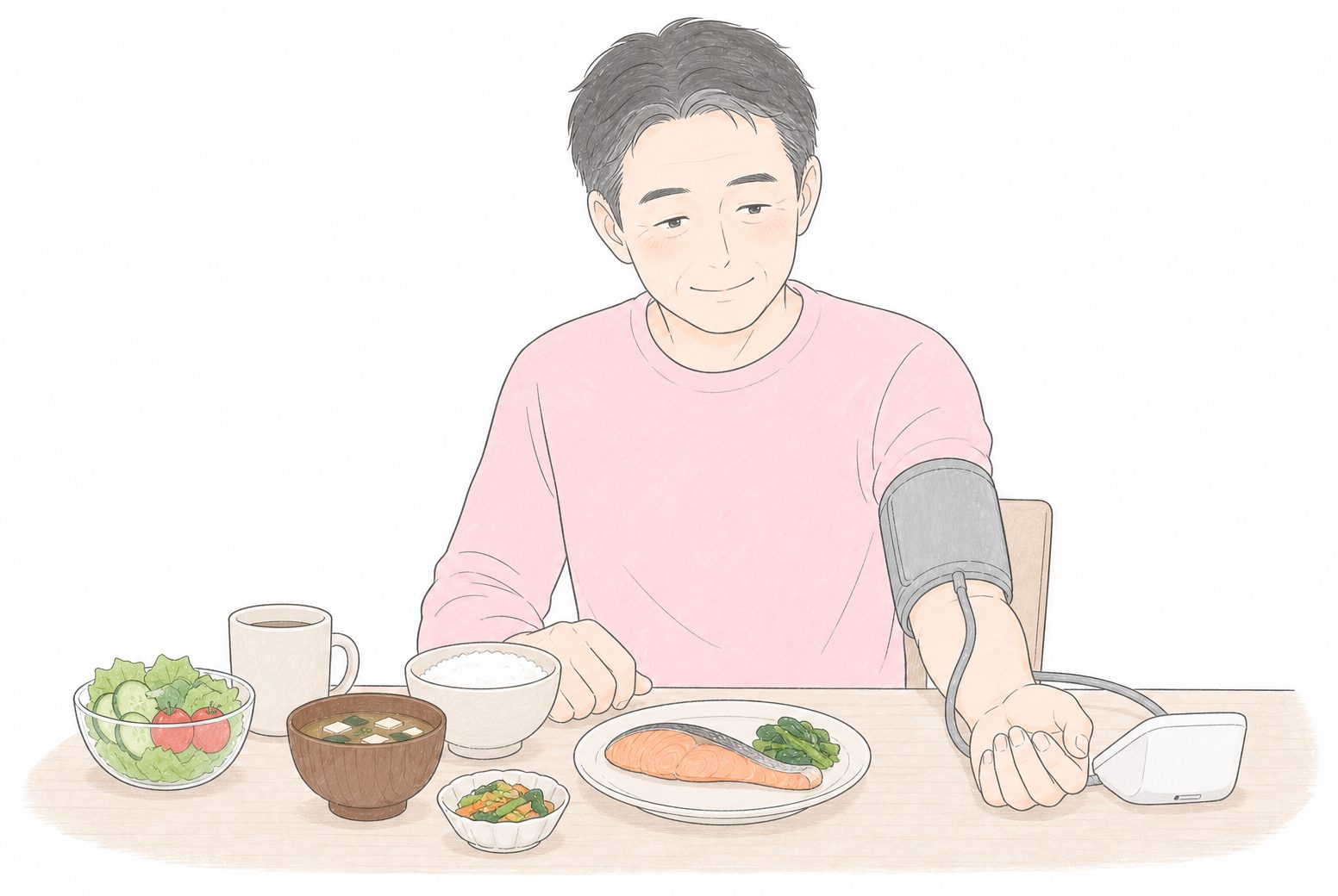自宅で血圧を測り、野菜中心の朝食をとる男性のイラスト
