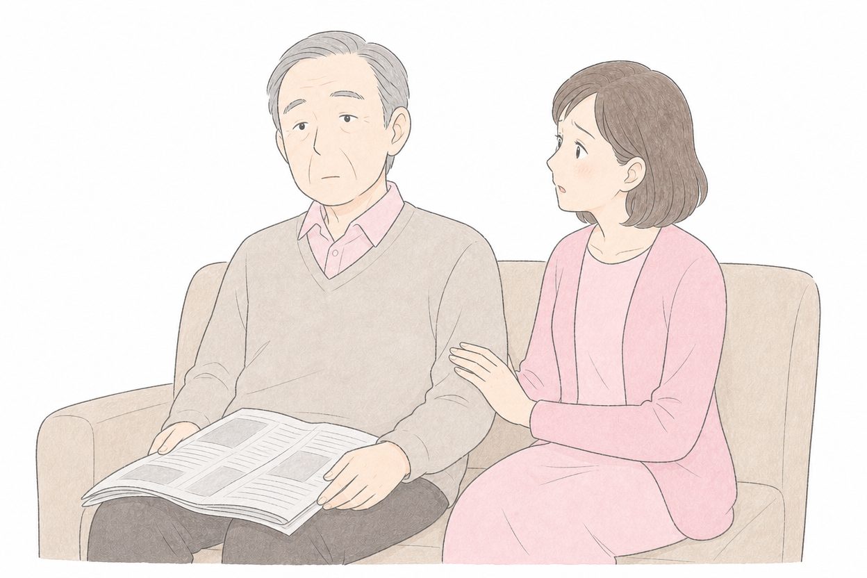 ぼんやりと元気がない70代男性と、心配そうに見守る妻のイラスト