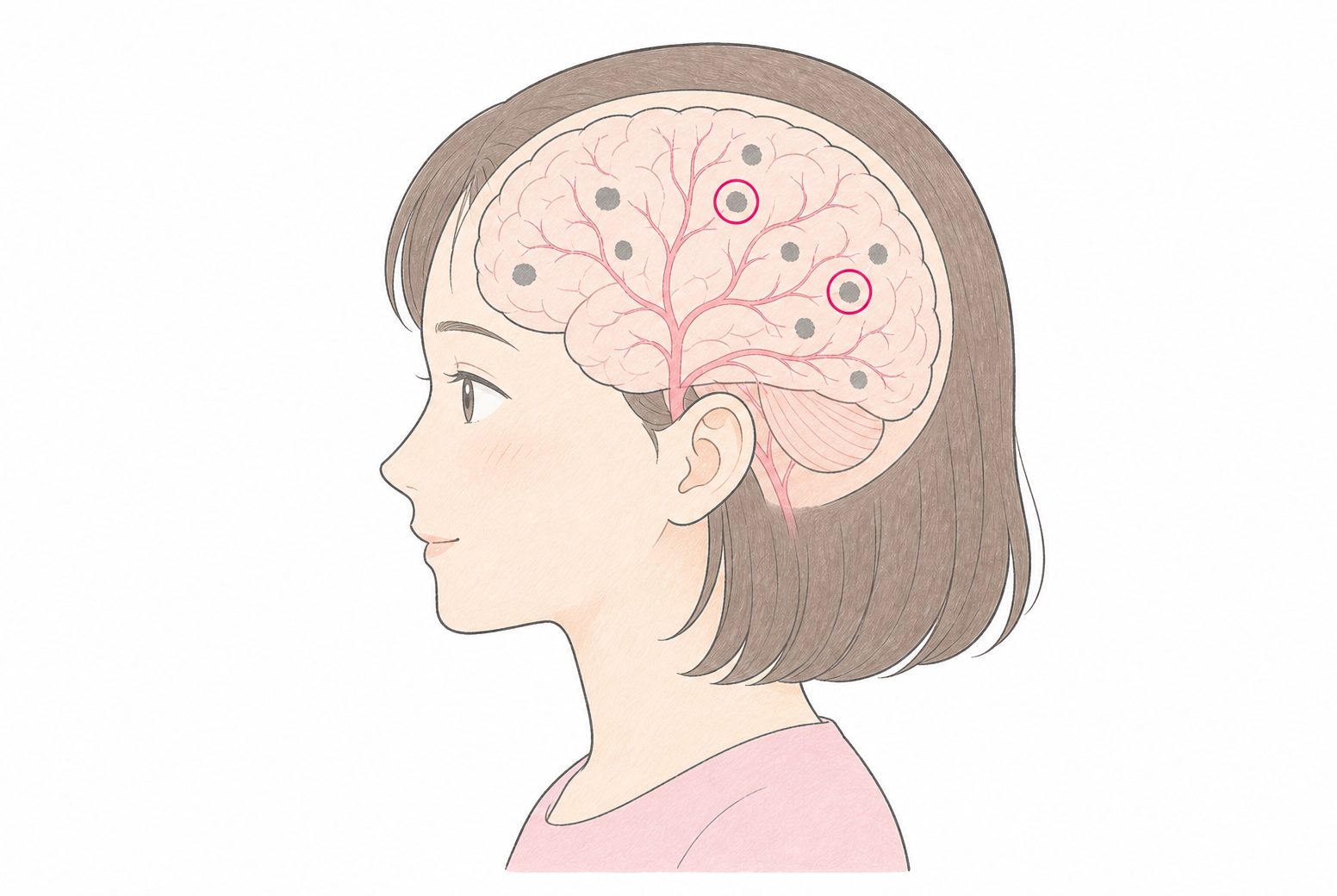 脳のあちこちに小さな脳梗塞が重なる血管性認知症の図解