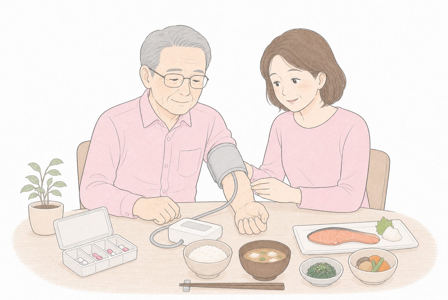 妻と一緒に血圧を測り、体調を管理する70代男性のイラスト